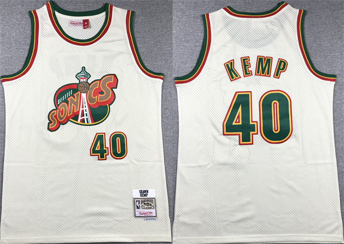 Men's Oklahoma City Thunder #40 Shawn Kemp Mitchell & Ness Cream SuperSonics Stitched Jersey