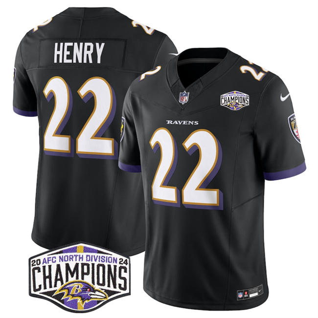 Men's Baltimore Ravens #22 Derrick Henry Black F.U.S.E 2024 AFC North Division Champions Vapor Limited Football Jersey