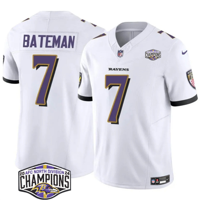 Men's Baltimore Ravens #7 Rashod Bateman White F.U.S.E 2024 AFC North Division Champions Vapor Limited Football Jersey