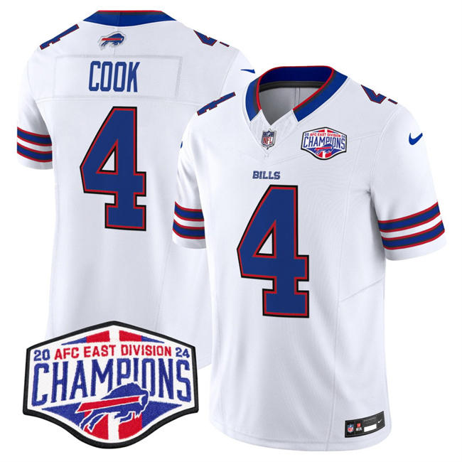 Men's Buffalo Bills #4 James Cook White F.U.S.E. 2024 AFC East Division Champions Vapor Limited Stitched Football Jersey