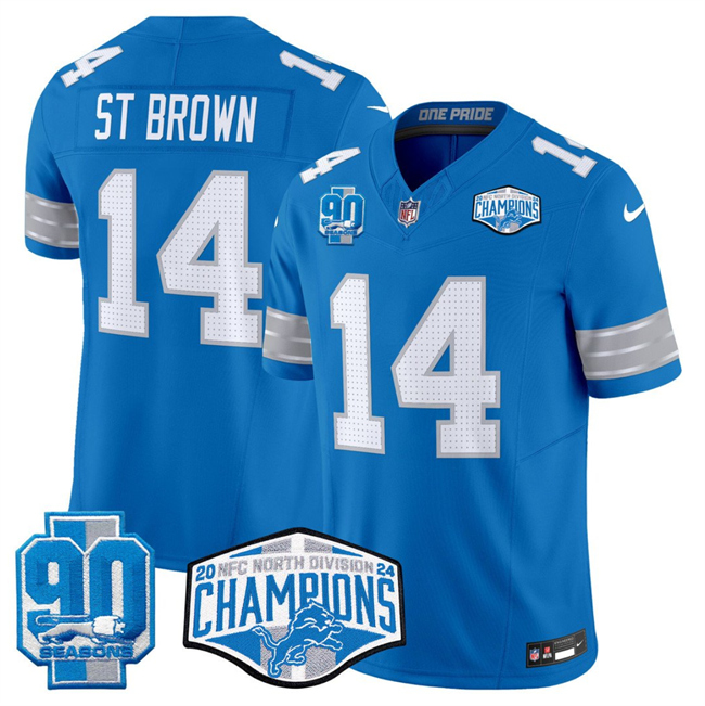 Men's Detroit Lions #14 Amon-Ra St. Brown Blue 2024 NFC North Champions 90th Anniversary Patch F.U.S.E. Vapor Limited Stitched Jersey