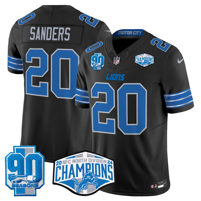 Men's Detroit Lions #20 Barry Sanders Black 2024 NFC North Champions 90th Anniversary Patch F.U.S.E. Vapor Limited Stitched Jersey