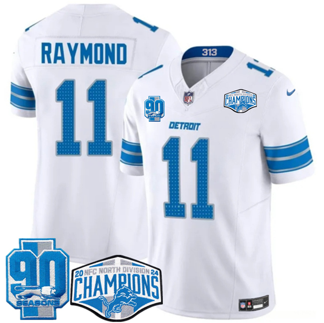 Men's Detroit Lions #11 Kalif Raymond White 2024 NFC North Champions 90th Anniversary Patch F.U.S.E. Vapor Limited Stitched Jersey