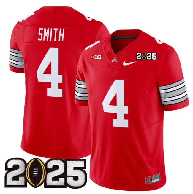 Men's Ohio State Buckeyes #4 Jeremiah Smith Red 2025 CFP Final Patch F.U.S.E. Vapor Limited Stitched Football Jersey