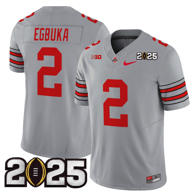 Men's Ohio State Buckeyes #2 Emeka Egbuka Grey 2025 CFP Final Patch F.U.S.E. Vapor Limited Stitched Football Jersey