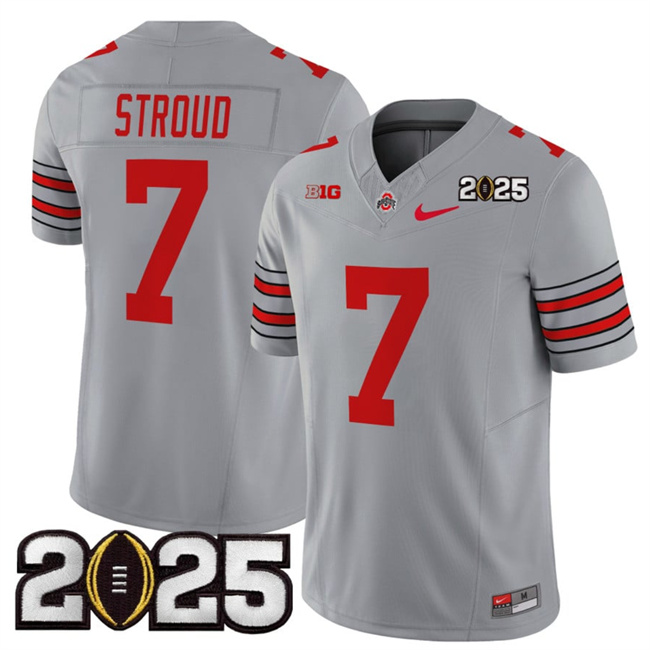 Men's Ohio State Buckeyes #7 C.J. Stroud Grey 2025 CFP Final Patch F.U.S.E. Vapor Limited Stitched Football Jersey