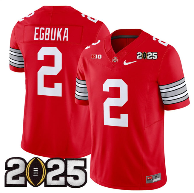 Men's Ohio State Buckeyes #2 Emeka Egbuka Red 2025 CFP Final Patch F.U.S.E. Vapor Limited Stitched Football Jersey