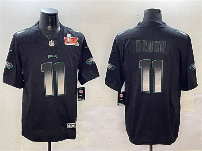 Men's Philadelphia Eagles #11 A. J. Brown Black 2025 Super Bowl LIX Patch Smoke Fashion Vapor Untouchable Limited Stitched Football Jersey