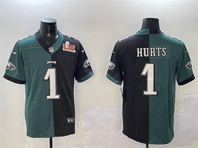 Men's Philadelphia Eagles #1 Jalen Hurts Green & Black Split 2025 Super Bowl LIX Patch Vapor Untouchable Limited Stitched Football Jersey