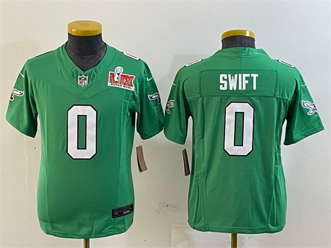 Youth Philadelphia Eagles #0 D'Andre Swift Green 2025 Super Bowl LIX Patch F.U.S.E. Throwback Vapor Untouchable Limited Stitched Football Jersey