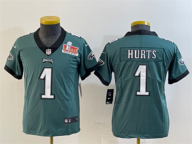 Youth Philadelphia Eagles #1 Jalen Hurts Green 2025 Super Bowl LIX Patch Vapor Untouchable Limited Stitched Football Jersey