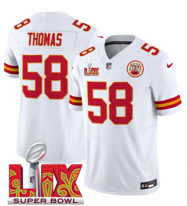 Men's Kansas City Chiefs #58 Derrick Thomas White 2025 Super Bowl LIX Patch F.U.S.E. Vapor Limited Stitched Football Jersey