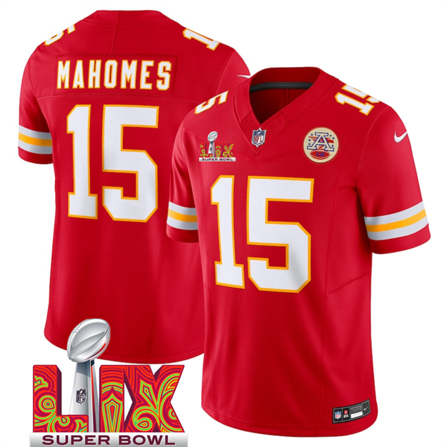 Men's Kansas City Chiefs #15 Patrick Mahomes Red 2025 Super Bowl LIX Patch F.U.S.E. Vapor Limited Stitched Football Jersey