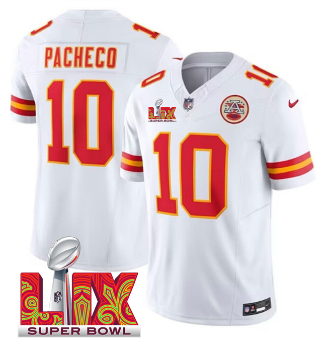 Men's Kansas City Chiefs #10 Isiah Pacheco White 2025 Super Bowl LIX Patch F.U.S.E. Vapor Limited Stitched Football Jersey