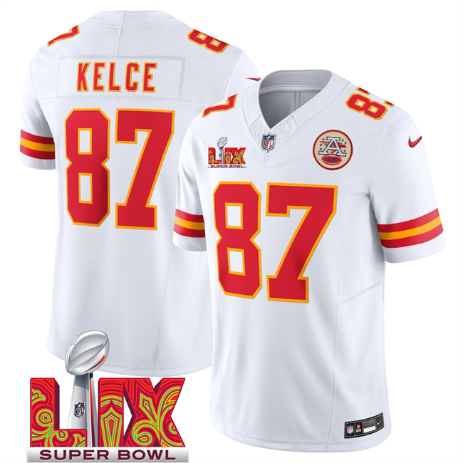 Men's Kansas City Chiefs #87 Travis Kelce White 2025 Super Bowl LIX Patch F.U.S.E. Vapor Limited Stitched Football Jersey