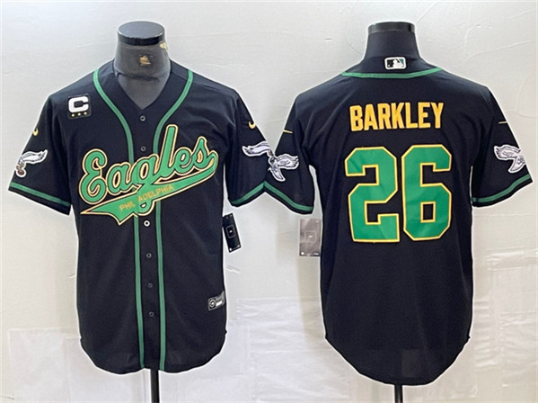 Men's Philadelphia Eagles #26 Saquon Barkley Black Gold With 3-star C Patch Cool Base Baseball Stitched Jersey Men's Philadelphia Eagles #26 Saquon Barkley Black Gold With 3-star C Patch Cool Base Baseball Stitched Jersey