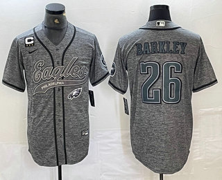 Men's Philadelphia Eagles #26 Saquon Barkley Grey Gridiron With C Patch Cool Base Stitched Baseball Jersey Men's Philadelphia Eagles #26 Saquon Barkley Grey Gridiron With C Patch Cool Base Stitched Baseball Jersey