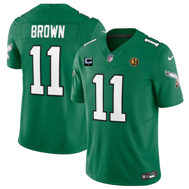 Men's Philadelphia Eagles #11 A. J. Brown Green 2023 F.U.S.E. Throwback With 1-Star C Patch And John Madden Patch Vapor Limited Stitched Football Jersey