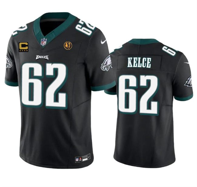 Men's Philadelphia Eagles #62 Jason Kelce Black 2023 F.U.S.E. With 4-Star C Patch And John Madden Patch Vapor Limited Stitched Football Jersey Men's Philadelphia Eagles #62 Jason Kelce Black 2023 F.U.S.E. With 4-Star C Patch And John Madden Patch Vapor Limited Stitched Football Jersey