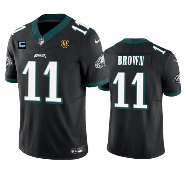 Men's Philadelphia Eagles #11 A. J. Brown Black 2023 F.U.S.E. With 1-Star C Patch And John Madden Patch Vapor Limited Stitched Football Jersey Men's Philadelphia Eagles #11 A. J. Brown Black 2023 F.U.S.E. With 1-Star C Patch And John Madden Patch Vapor Limited Stitched Football Jersey