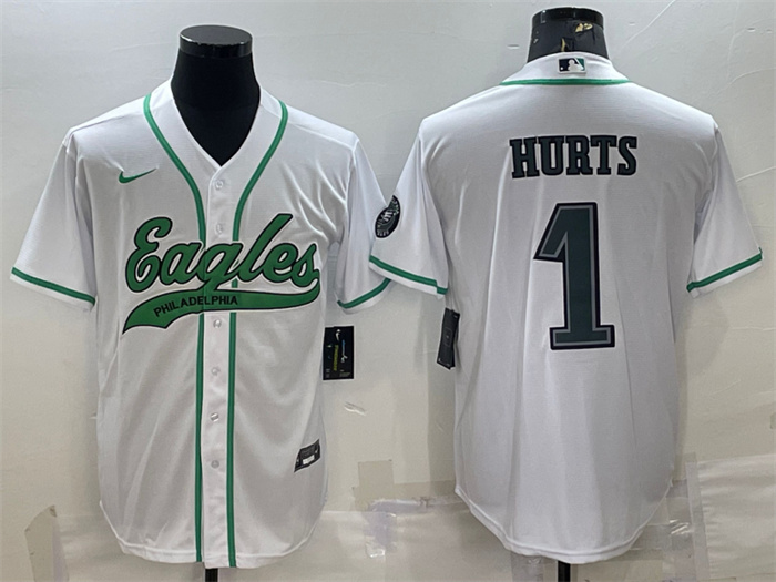 Men's Philadelphia Eagles #1 Jalen Hurts White With Patch Cool Base Stitched Baseball Jersey Men's Philadelphia Eagles #1 Jalen Hurts White With Patch Cool Base Stitched Baseball Jersey