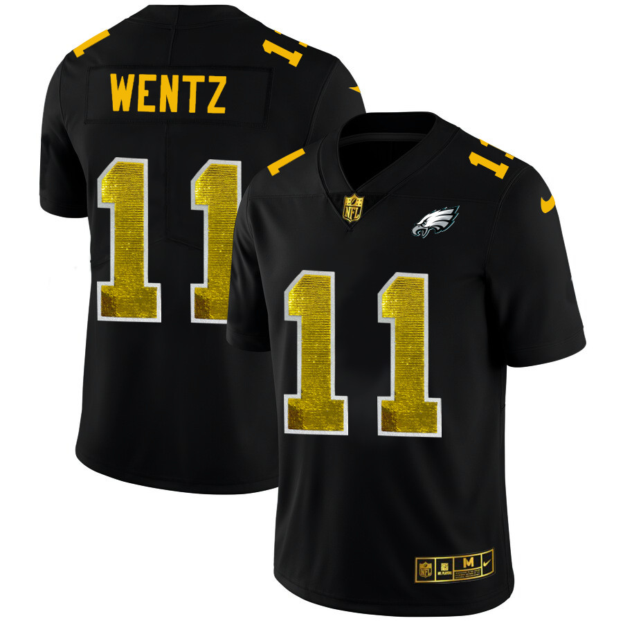 Philadelphia Eagles #11 Carson Wentz Men's Black Nike Golden Sequin Vapor Limited NFL Jersey