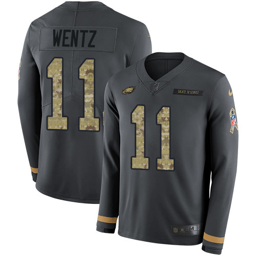 Nike Eagles #11 Carson Wentz Anthracite Salute to Service Men's Stitched NFL Limited Therma Long Sleeve Jersey Nike Eagles #11 Carson Wentz Anthracite Salute to Service Men's Stitched NFL Limited Therma Long Sleeve Jersey