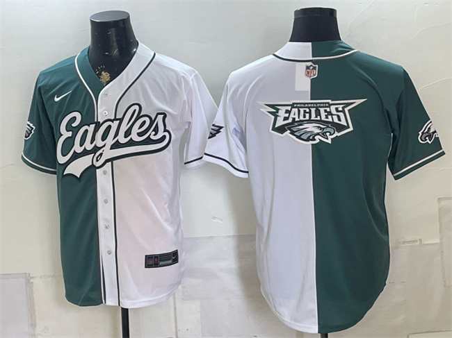 Men's Philadelphia Eagles Team Big Logo Green White Split Stitched Jersey 001