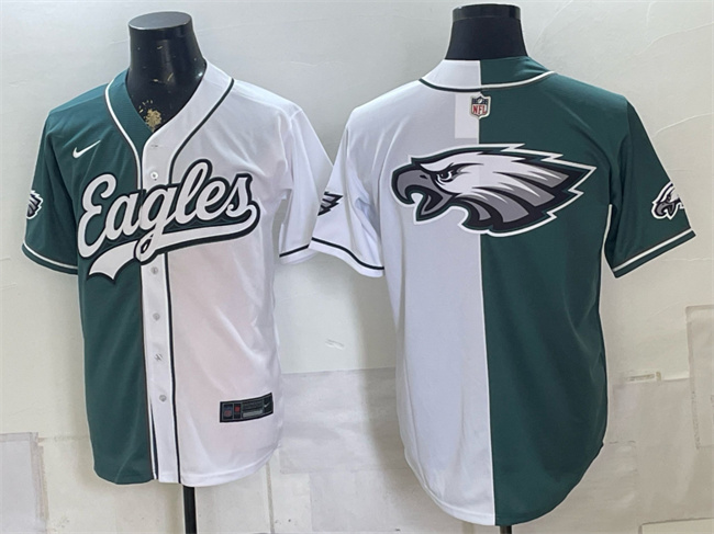 Men's Philadelphia Eagles Team Big Logo Green White Split Stitched Jersey