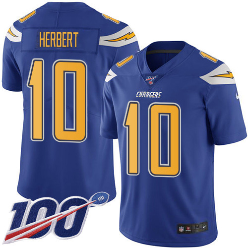 Nike Chargers #10 Justin Herbert Electric Blue Men's Stitched NFL Limited Rush 100th Season Jersey Nike Chargers #10 Justin Herbert Electric Blue Men's Stitched NFL Limited Rush 100th Season Jersey