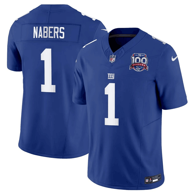 Men's New York Giants #1 Malik Nabers Blue 2024 Draft F.U.S.E. 100TH Season Patch Vapor Untouchable Limited Stitched Jersey Men's New York Giants #1 Malik Nabers Blue 2024 Draft F.U.S.E. 100TH Season Patch Vapor Untouchable Limited Stitched Jersey