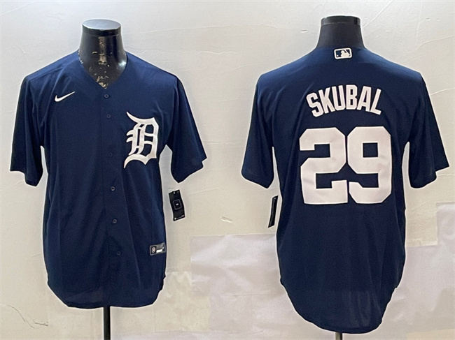 Men's Detroit Tigers #29 Tarik Skubal Navy Cool Base Stitched Baseball Jersey Men's Detroit Tigers #29 Tarik Skubal Navy Cool Base Stitched Baseball Jersey