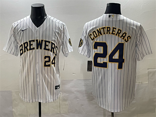 Men's Milwaukee Brewers #24 William Contreras White Pinstripe 2025 With Patch Stitched Baseball Jersey Men's Milwaukee Brewers #24 William Contreras White Pinstripe 2025 With Patch Stitched Baseball Jersey