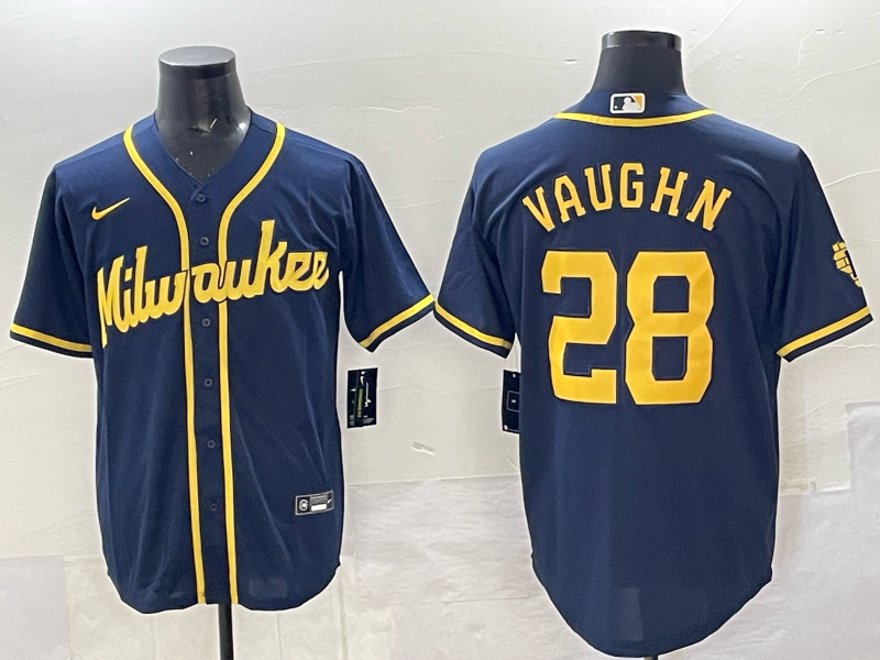 Men's Milwaukee Brewers #28 Andrew Vaughn Navy 2025 With Patch Stitched Baseball Jersey Men's Milwaukee Brewers #28 Andrew Vaughn Navy 2025 With Patch Stitched Baseball Jersey