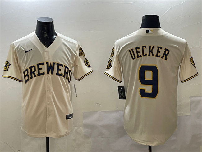Men's Milwaukee Brewers #9 Bob Uecker Cream With Home Patch Stitched Baseball Jersey Men's Milwaukee Brewers #9 Bob Uecker Cream With Home Patch Stitched Baseball Jersey