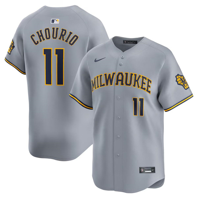 Men's Milwaukee Brewers #11 Jackson Chourio Grey 2024 Away Limited Stitched Baseball Jersey Men's Milwaukee Brewers #11 Jackson Chourio Grey 2024 Away Limited Stitched Baseball Jersey