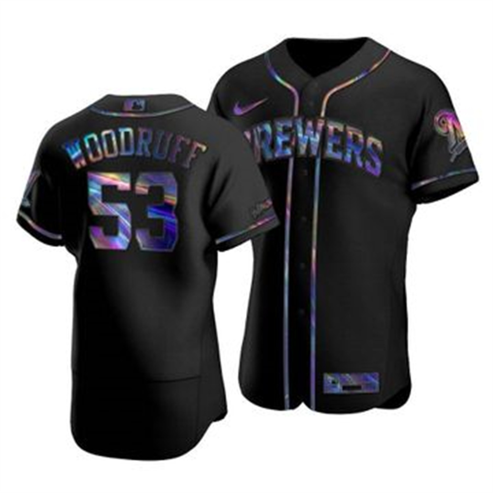 Milwaukee Brewers #53 Brandon Woodruff Men's Nike Iridescent Holographic Collection MLB Jersey - Black Milwaukee Brewers #53 Brandon Woodruff Men's Nike Iridescent Holographic Collection MLB Jersey - Black