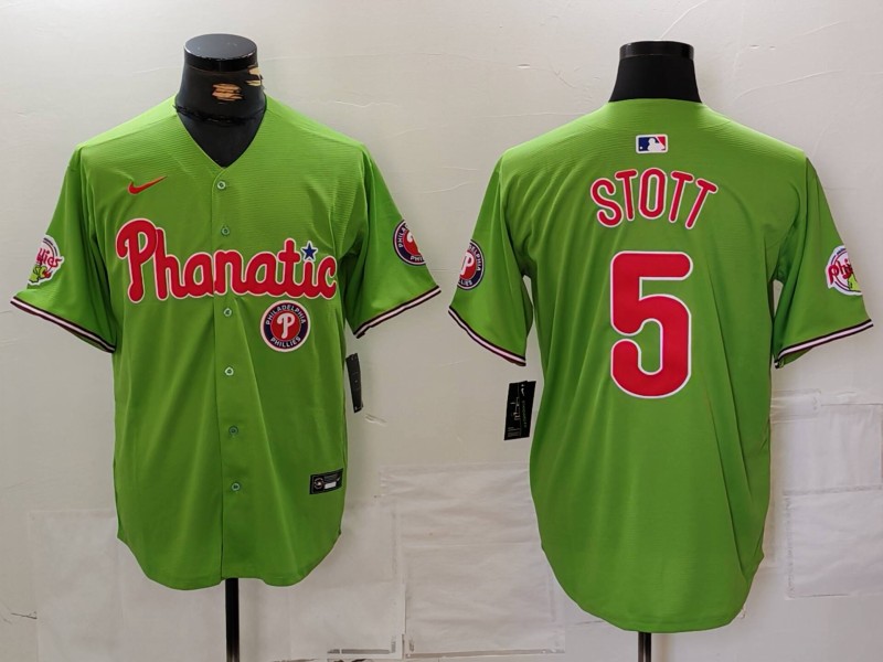 Men's Philadelphia Phillies #5 Bryson Stott Green With Patch Stitched Jersey 1 Men's Philadelphia Phillies #5 Bryson Stott Green With Patch Stitched Jersey 1