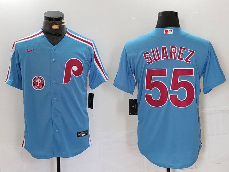 Men's Philadelphia Phillies #55 Ranger Suárez Blue Cool Base Stitched Jersey 1 Men's Philadelphia Phillies #55 Ranger Suárez Blue Cool Base Stitched Jersey 1