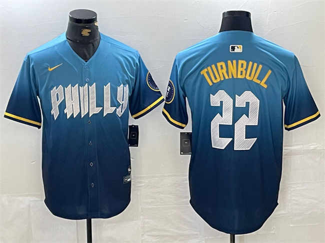 Men's Philadelphia Phillies #22 Spencer Turnbull Blue 2024 City Connect Limited Stitched Jersey Men's Philadelphia Phillies #22 Spencer Turnbull Blue 2024 City Connect Limited Stitched Jersey