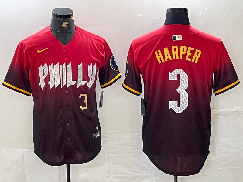 Men's Philadelphia Phillies #3 Bryce Harper Red 2024 City Connect Limited Stitched Jersey 2 Men's Philadelphia Phillies #3 Bryce Harper Red 2024 City Connect Limited Stitched Jersey 2