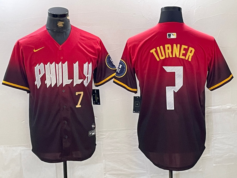 Men's Philadelphia Phillies #7 Trea Turner Red 2024 City Connect Limited Stitched Jersey Men's Philadelphia Phillies #7 Trea Turner Red 2024 City Connect Limited Stitched Jersey
