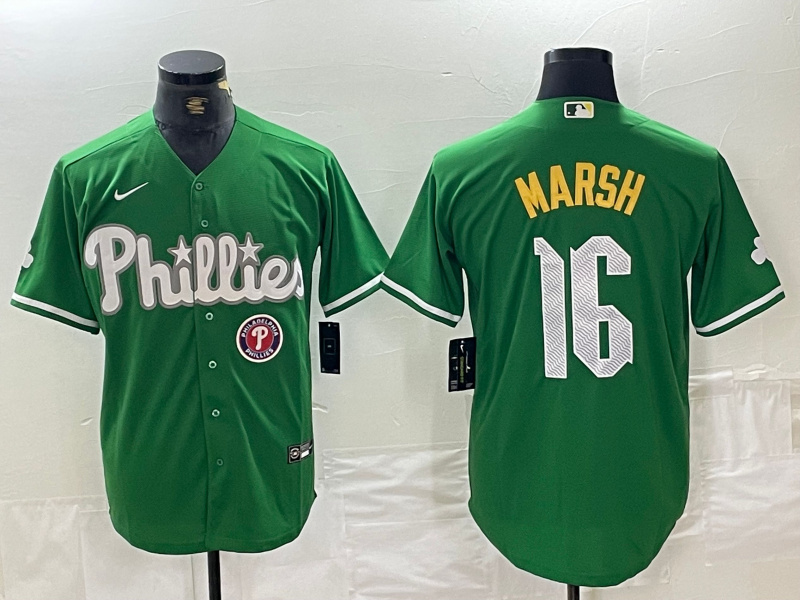 Men's Philadelphia Phillies #16 Brandon Marsh Green 2024 City Connect Stitched Jersey Men's Philadelphia Phillies #16 Brandon Marsh Green 2024 City Connect Stitched Jersey