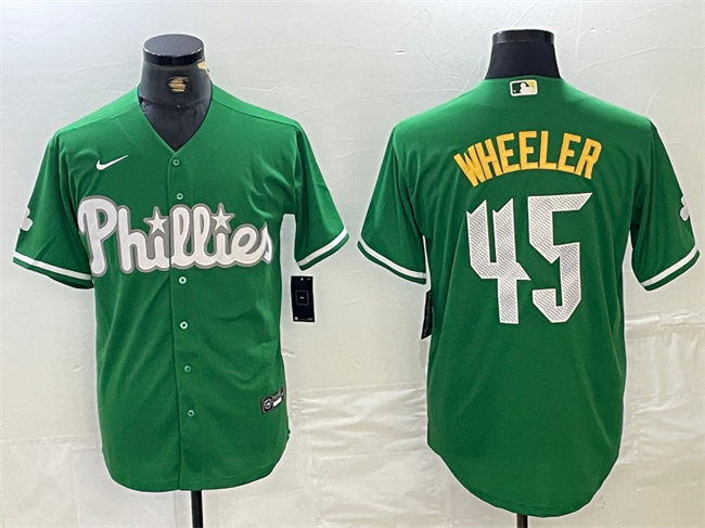 Men's Philadelphia Phillies #45 Zack Wheeler Green 2024 City Connect Stitched Jersey Men's Philadelphia Phillies #45 Zack Wheeler Green 2024 City Connect Stitched Jersey