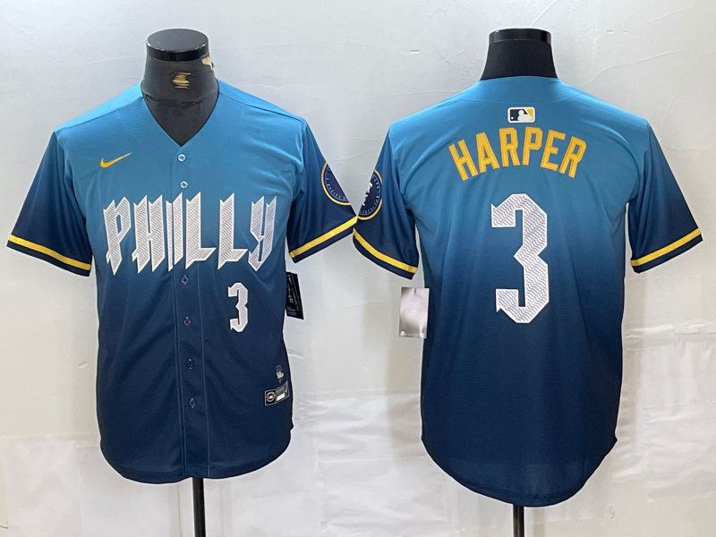 Men's Philadelphia Phillies #3 Bryce Harper Blue 2024 City Connect Limited Stitched Jersey 8 Men's Philadelphia Phillies #3 Bryce Harper Blue 2024 City Connect Limited Stitched Jersey 8