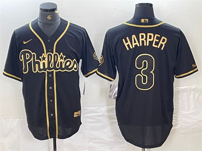 Men's Philadelphia Phillies #3 Bryce Harper Black Gold Cool Base Stitched Baseball Jersey Men's Philadelphia Phillies #3 Bryce Harper Black Gold Cool Base Stitched Baseball Jersey