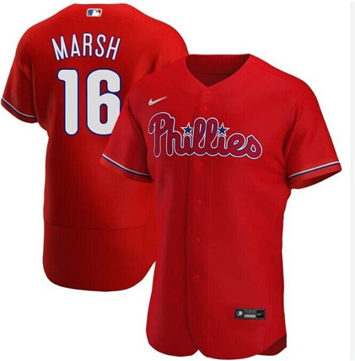Men's Philadelphia Phillies #16 Brandon Marsh Red Flex Base Stitched Baseball Jersey Men's Philadelphia Phillies #16 Brandon Marsh Red Flex Base Stitched Baseball Jersey