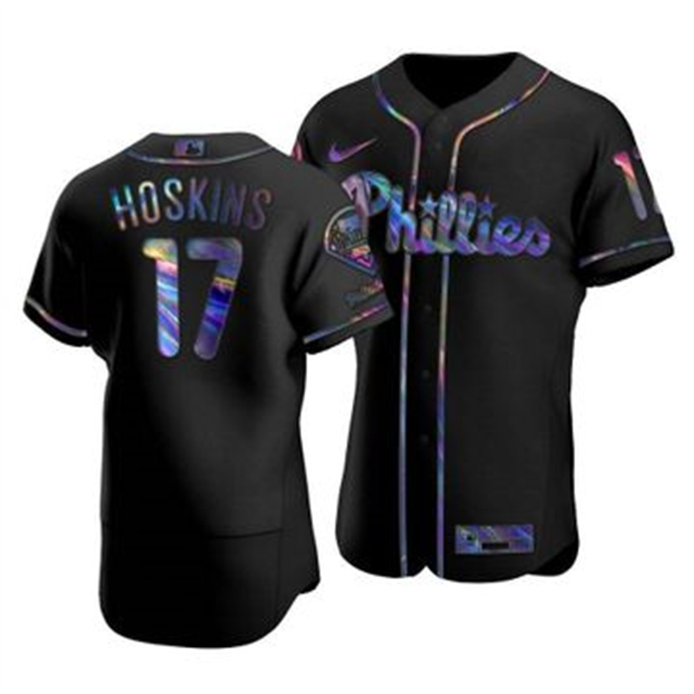 Philadelphia Phillies #17 Rhys Hoskins Men's Nike Iridescent Holographic Collection MLB Jersey - Black Philadelphia Phillies #17 Rhys Hoskins Men's Nike Iridescent Holographic Collection MLB Jersey - Black