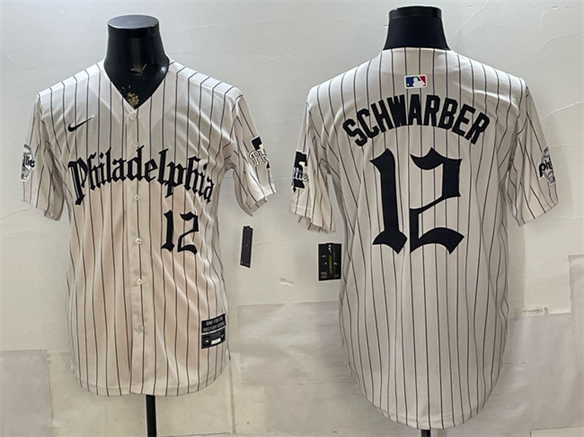Men's Philadelphia Phillies #12 Kyle Schwarber Cream Pinstripe Gothic Vapor Limited Stitched Jersey Men's Philadelphia Phillies #12 Kyle Schwarber Cream Pinstripe Gothic Vapor Limited Stitched Jersey