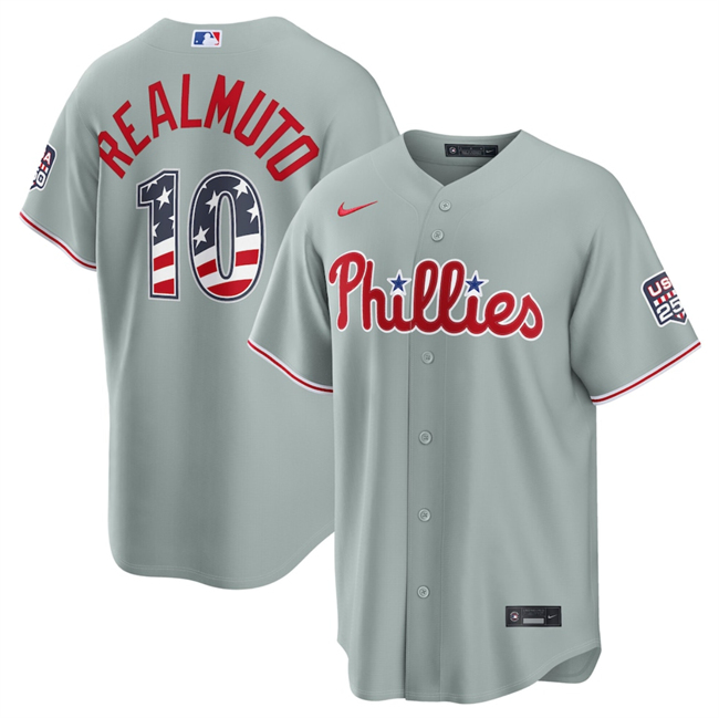 Men's Philadelphia Phillies #10 J.T. Realmuto Grey USA 250 Fourth of July Home Stitched Baseball Jersey